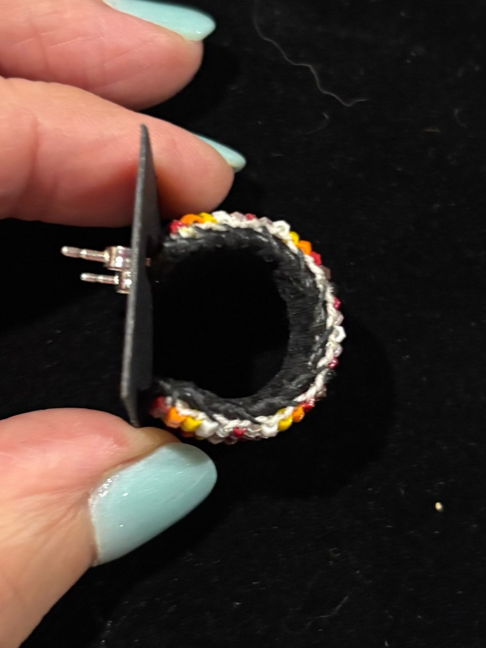 Colorful Seed Bead Hoop Earrings - Red, Yellow, White, Black - Picture 3 of 3